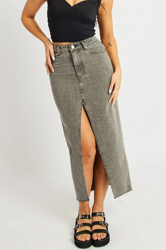 Grey Maxi Skirt High Rise Front Split