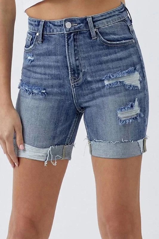 High-Rise Distressed Cuffed Denim Shorts In Medium Wash