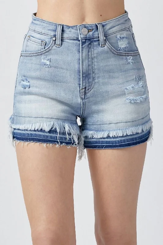 High-Rise Double Hem Distressed Shorts In Light Wash