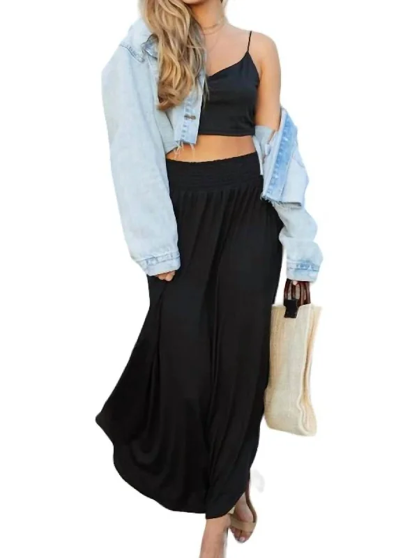 Smocked Waist Side Slit Maxi Skirt With Pockets In Black