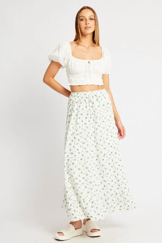 White Ditsy Maxi Skirt Tiered High Rise Lined