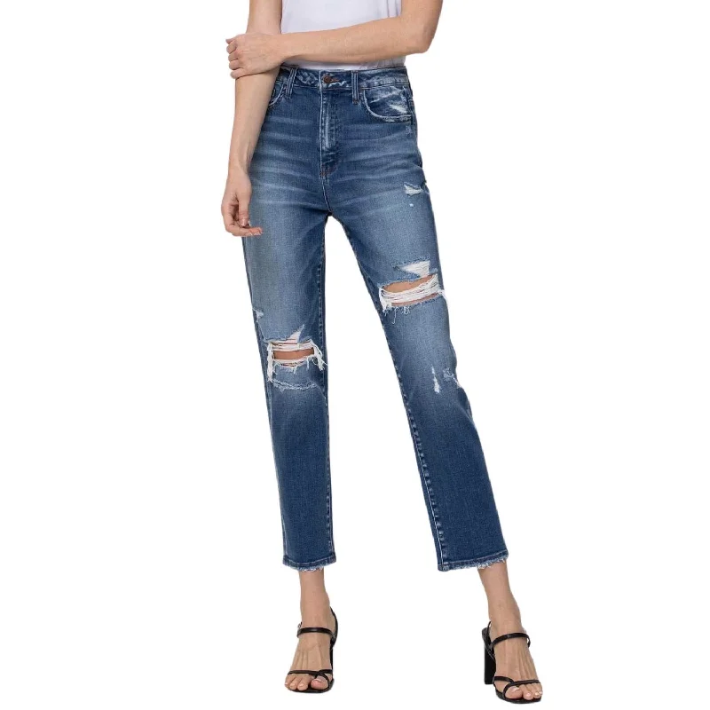 Small Town Distressed Stretch Mom Jeans In Medium Wash