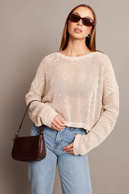 Beige Crochet Knit Top Boat Neck Long Sleeve