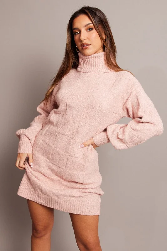 Pink Knit Dress Long Sleeve Turtle Neck