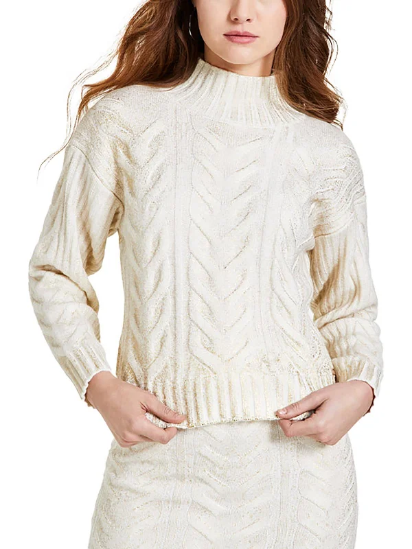 Womens Cable Knit Mock Neck Pullover Sweater