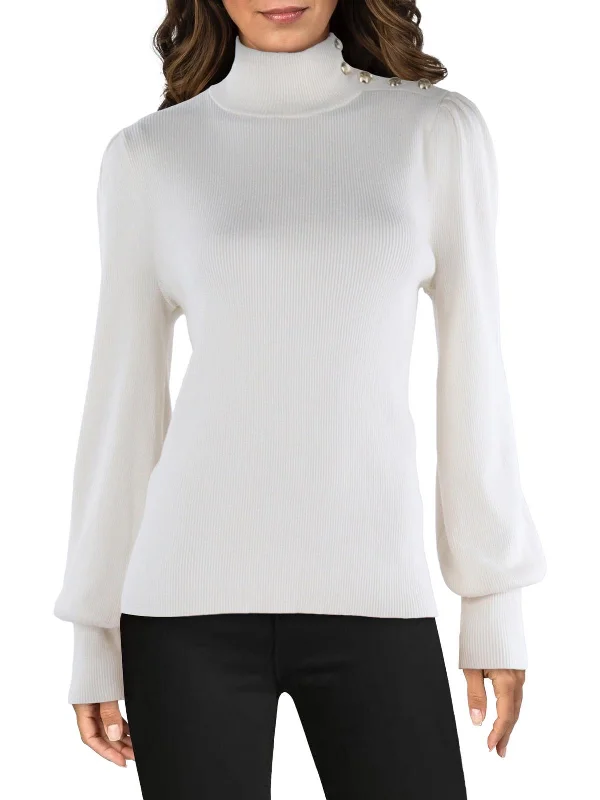 Womens Cotton Blend Embellished Mock Turtleneck Sweater