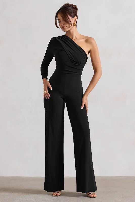 Mila | Black One Shoulder Ruched Wide Leg Jumpsuit