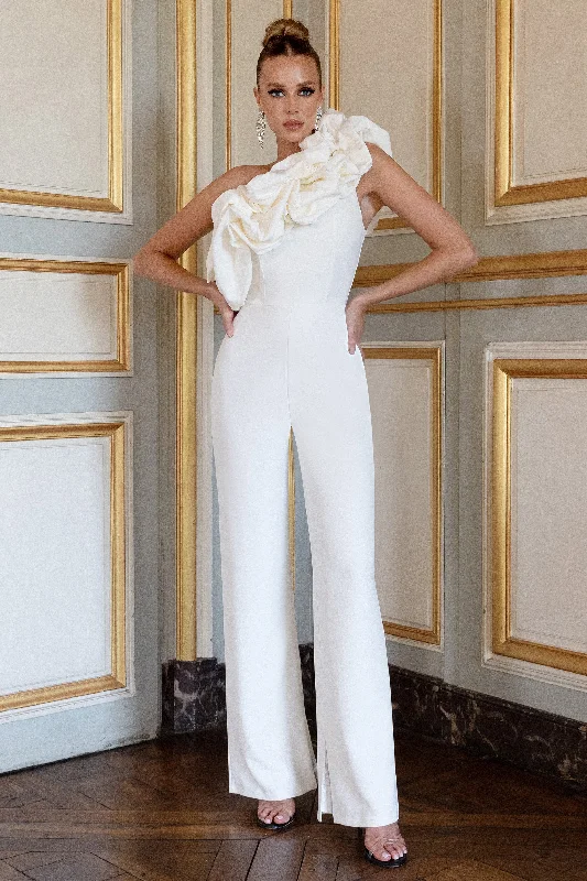 Monica | White Asymmetric Ruffled Wide-Leg Jumpsuit