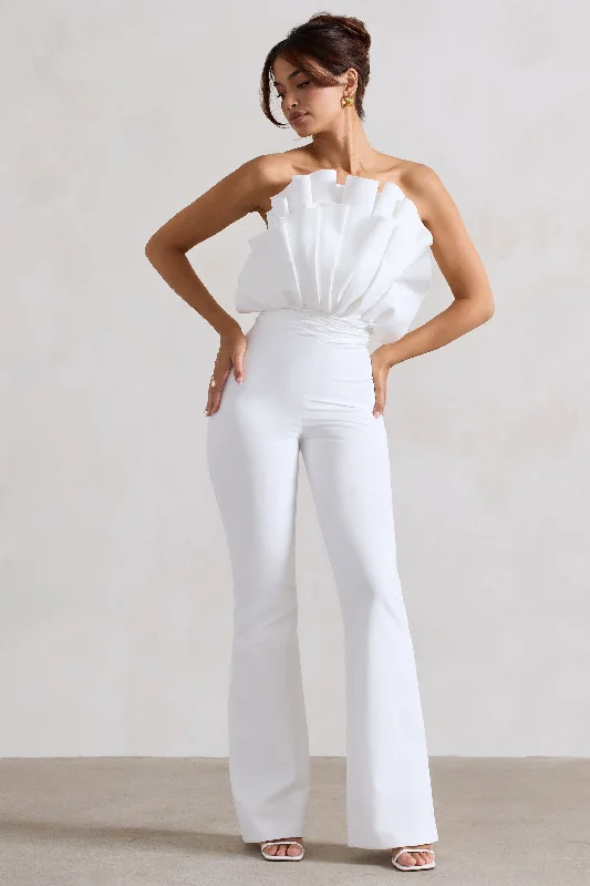 Nicia | White Ruffled Strapless Flared-Leg Jumpsuit