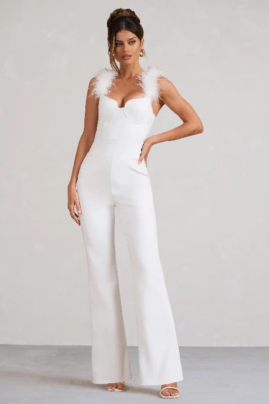 Verity | White Feather Shoulder Corset Style Jumpsuit