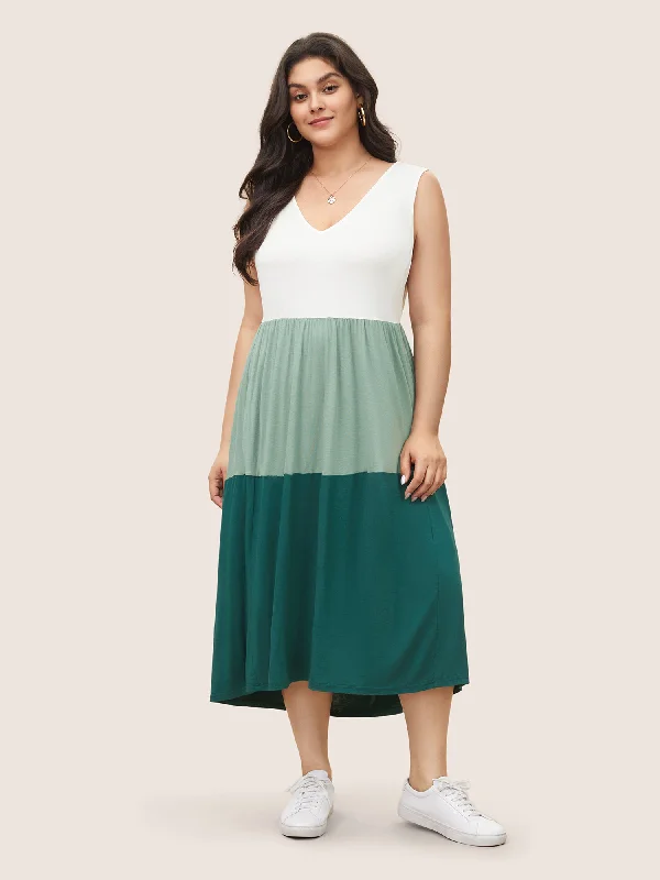 Colorblock Contrast Sleeveless Pocket Ruffle Hem Tank Dress