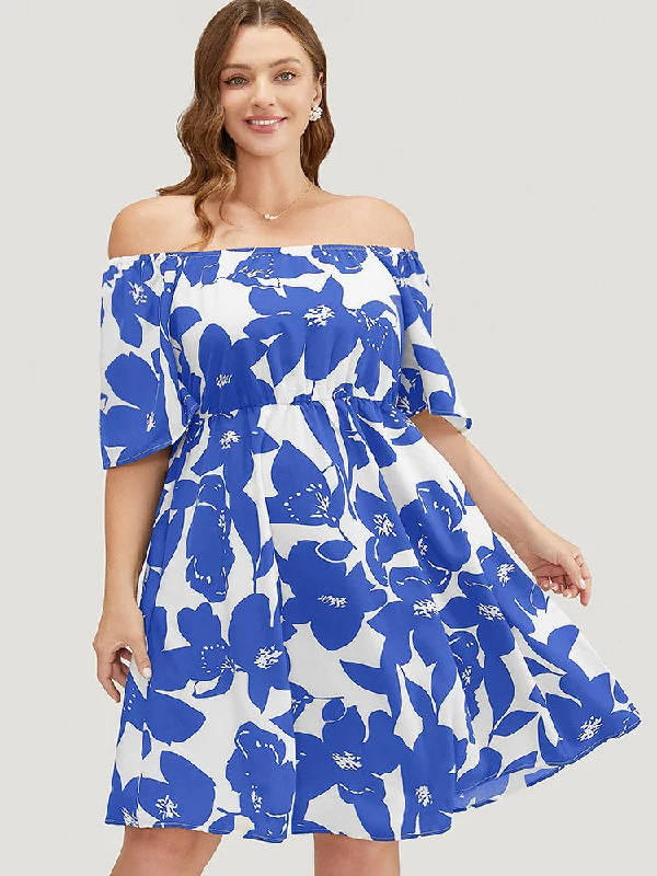 Floral Ruffle Sleeve Pocket Off Shoulder Dress