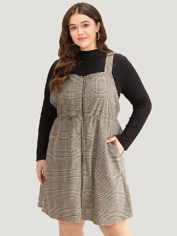 Plaid Zipper Fly Pocket Cami Dress