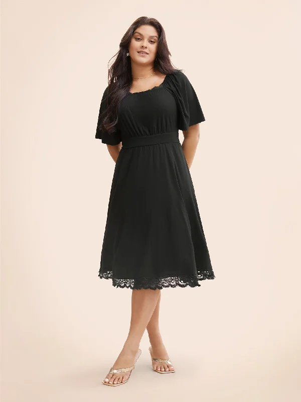 Plain Lace Insert Gathered Square Neck Dress