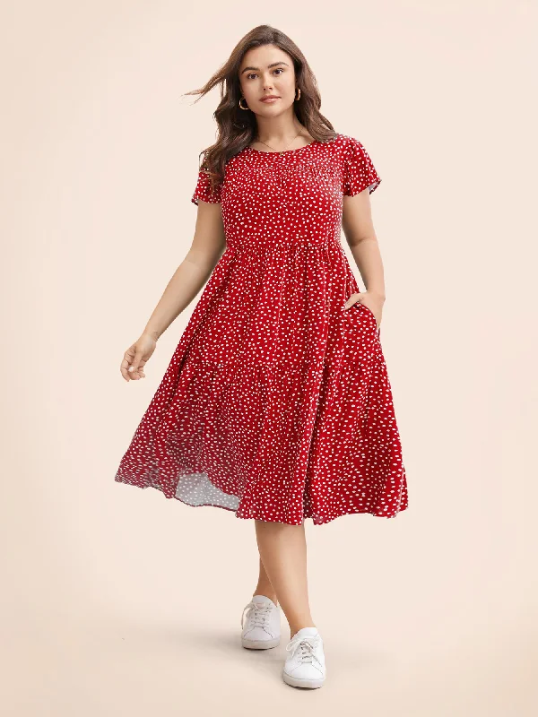 Polka Dot Pocket Cap Sleeve Gathered  Layered Dress