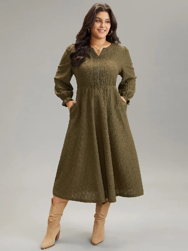 Textured Jacquard Notched Ruffle Sleeve Dress