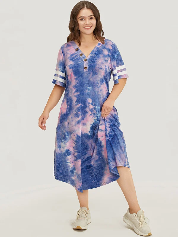 Tie Dye & Striped Button Detail Pocket Arc Hem Dress