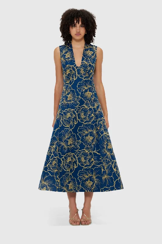 Leo Lin Nicole V Neck Midi Dress - Marine Blue