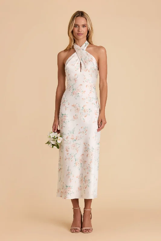 Monique Matte Satin Dress - Apricot Whimsical Blooms