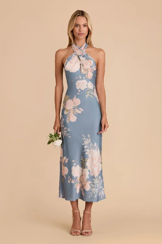 Monique Matte Satin Dress - Dusty Blue Romantic Bouquet