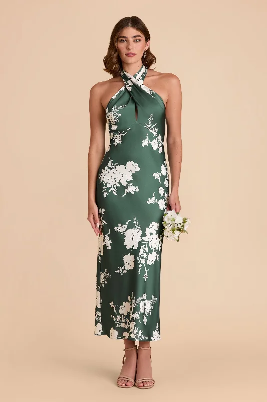 Monique Matte Satin Dress - Eucalyptus Whimsical Blooms