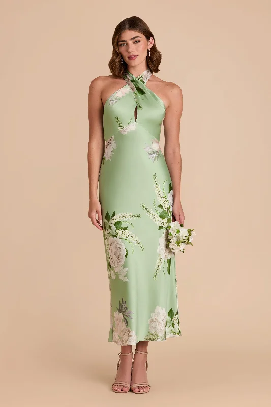 Monique Matte Satin Dress - Pistachio Garden Bloom