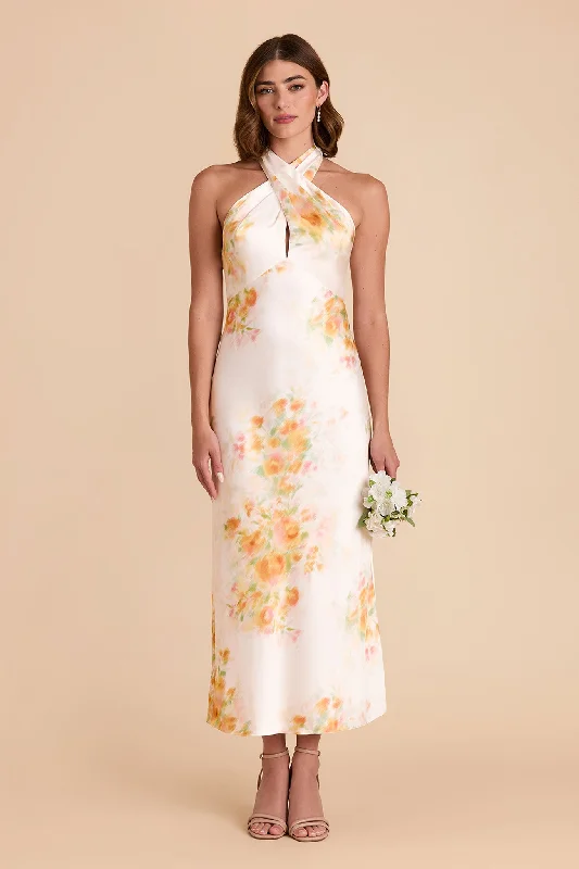 Monique Matte Satin Dress - White Blurred Floral