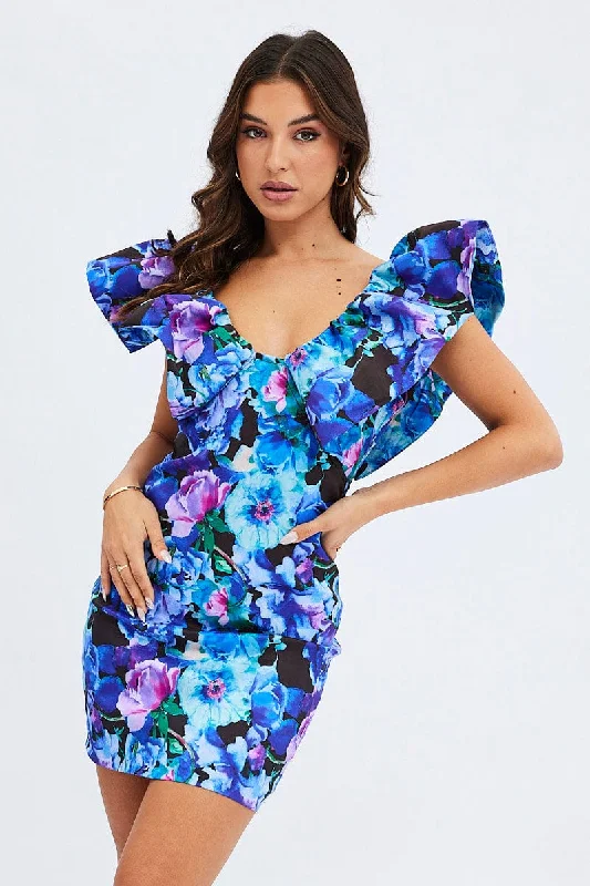 Multi Floral Ruffle Shoulder Plunging Statement Mini Dress