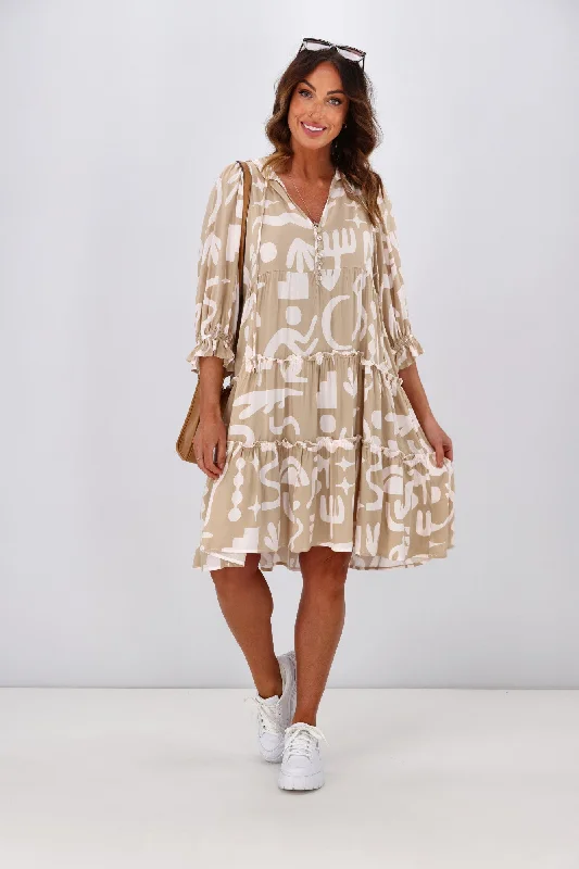 New U Collection Tara 3/4 Sleeve Dress Beige