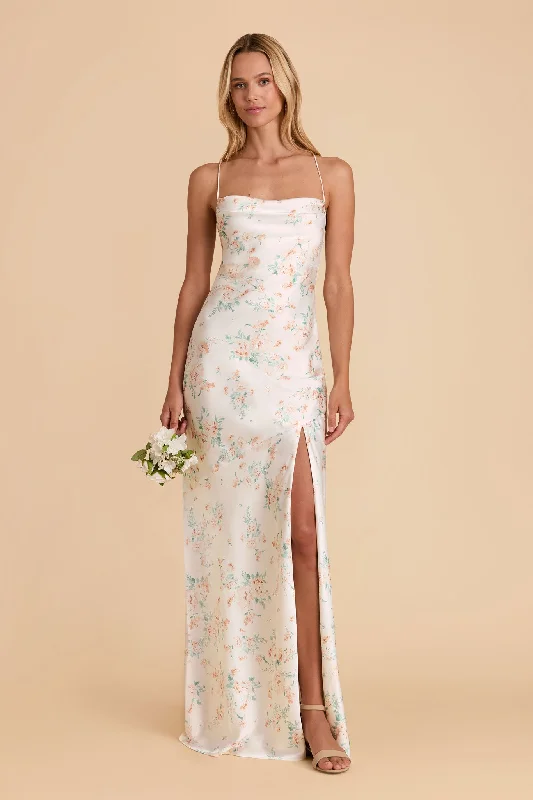 Olivia Matte Satin Dress - Apricot Whimsical Blooms