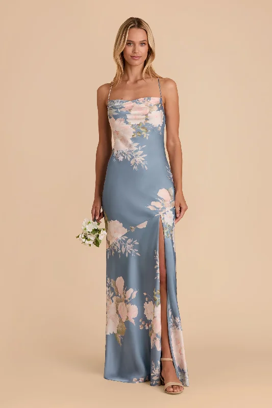 Olivia Matte Satin Dress - Dusty Blue Romantic Bouquet