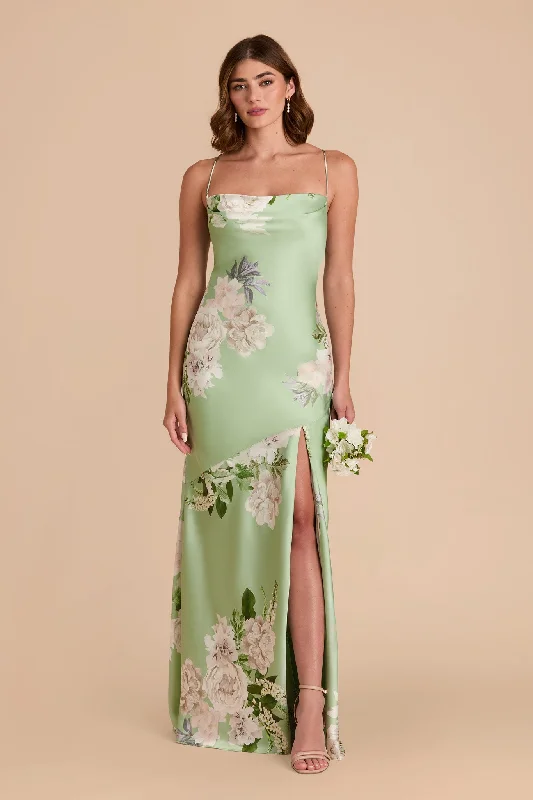 Olivia Matte Satin Dress - Pistachio Garden Bloom