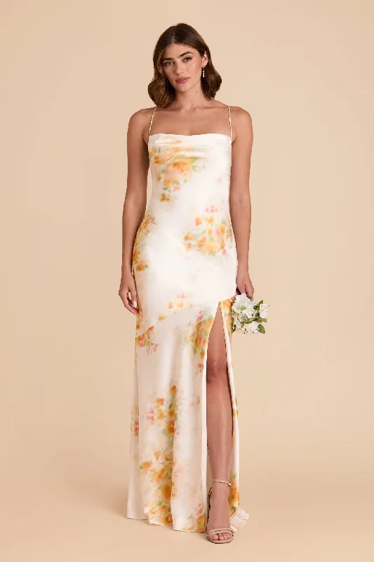 Olivia Matte Satin Dress - White Blurred Floral