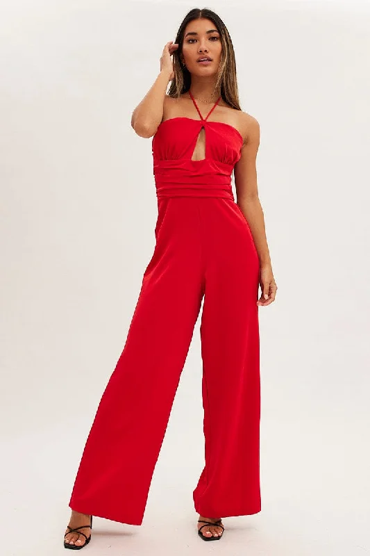 Red Keyhole Jumpsuit Slinky Wide Leg