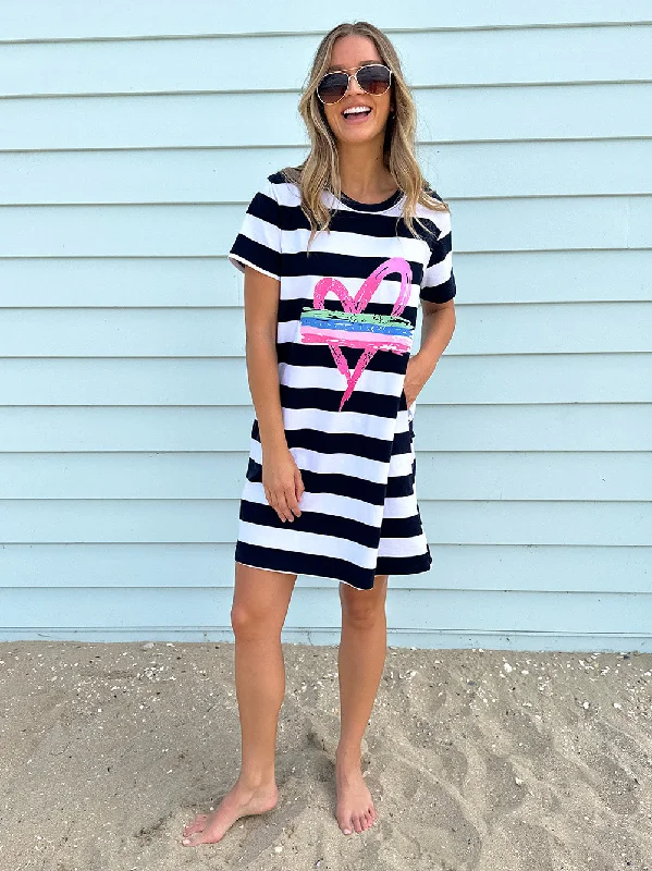 Threadz Pink Heart Stripe Dress Navy/White