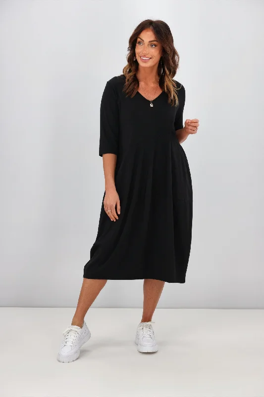 Tirelli V Neck Diagonal Seam Dress Black