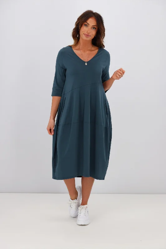 Tirelli V Neck Diagonal Seam Dress Deep Teal