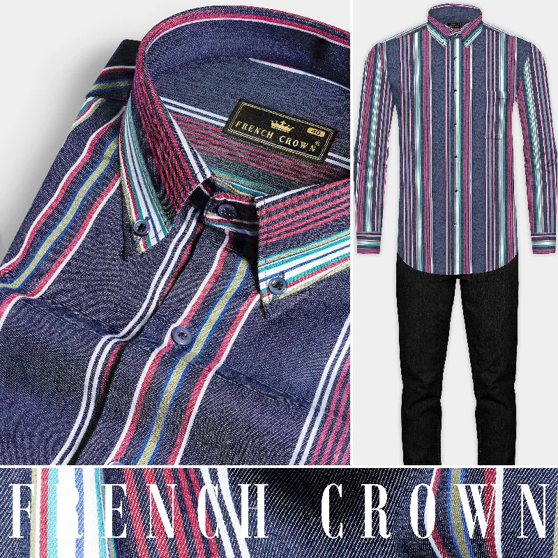 Lead Blue and Vale Pink Multicoloured Striped Indigo Denim Shirt